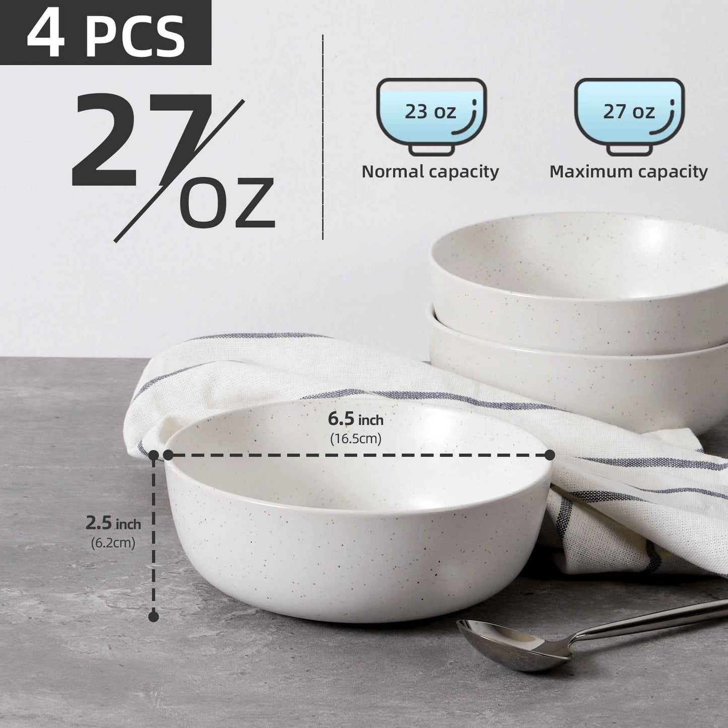 Sarah Express Ceramic Bowl Set for Kitchen - 27oz Premium Bowls Set of 4 for Cereal, Salad, Pasta, Soup, Dessert - Dishwasher, Microwave & Oven Safe