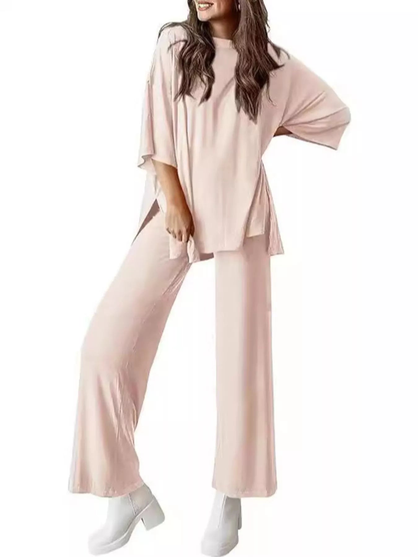 Sarah Express Relaxed Fit Round Neck Top and Pants Two-Piece Lounge Set Beige