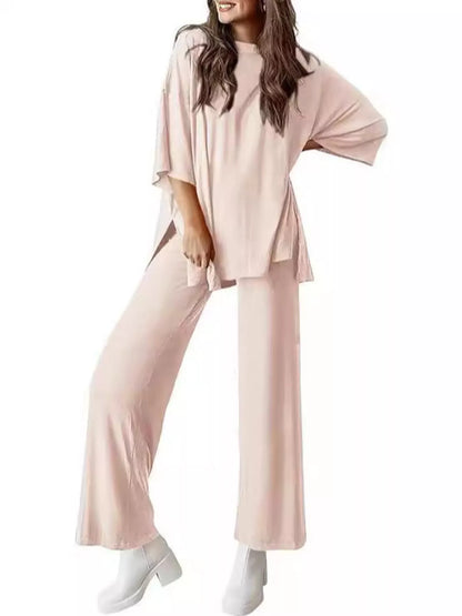 Sarah Express Relaxed Fit Round Neck Top and Pants Two-Piece Lounge Set Beige