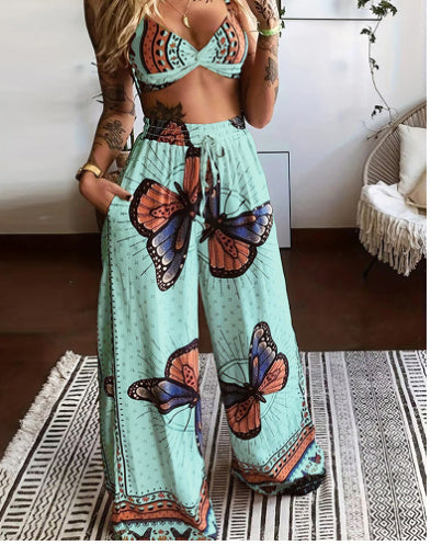 Sarah Express Women's Printed Tube Top Wide Leg Pants Two Piece Set Sleeveless