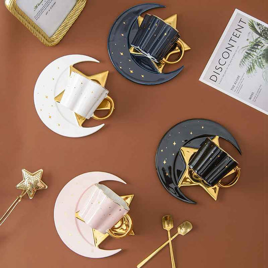 Sarah Express Star & Moon Ceramic Cup Set - 4 Cups, Saucers & Spoons | Porcelain Coffee Tea Set