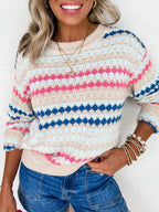 Sarah Express Women's Stripe Eyelet Patterned Drop Shoulder Sweater