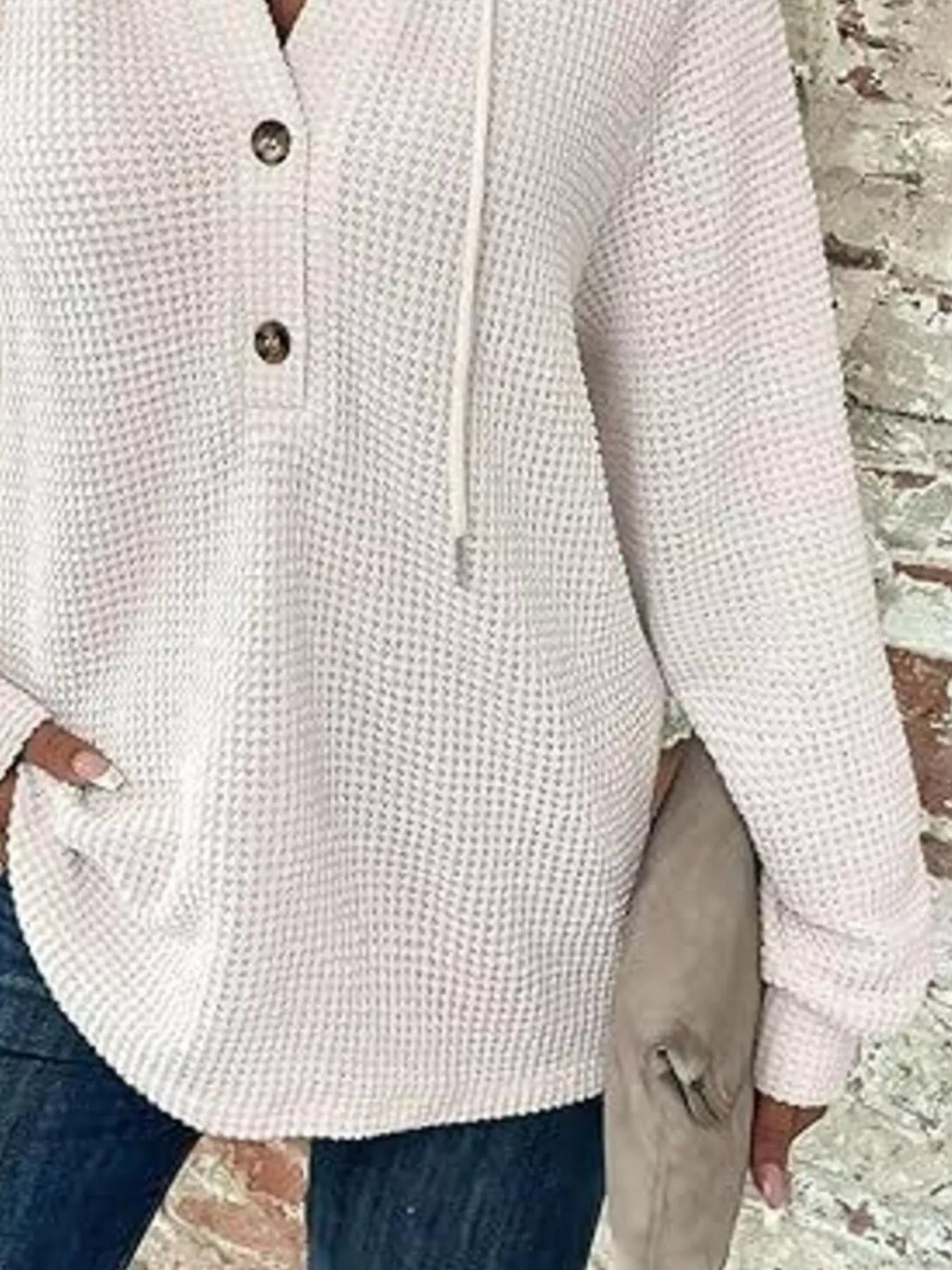 Sarah Express Women's Button Detail Waffle Knit Hoodie - Plus Size Drawstring Pullover with Pockets