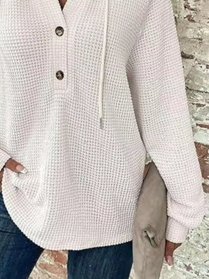 Sarah Express Women's Button Detail Waffle Knit Hoodie - Plus Size Drawstring Pullover with Pockets