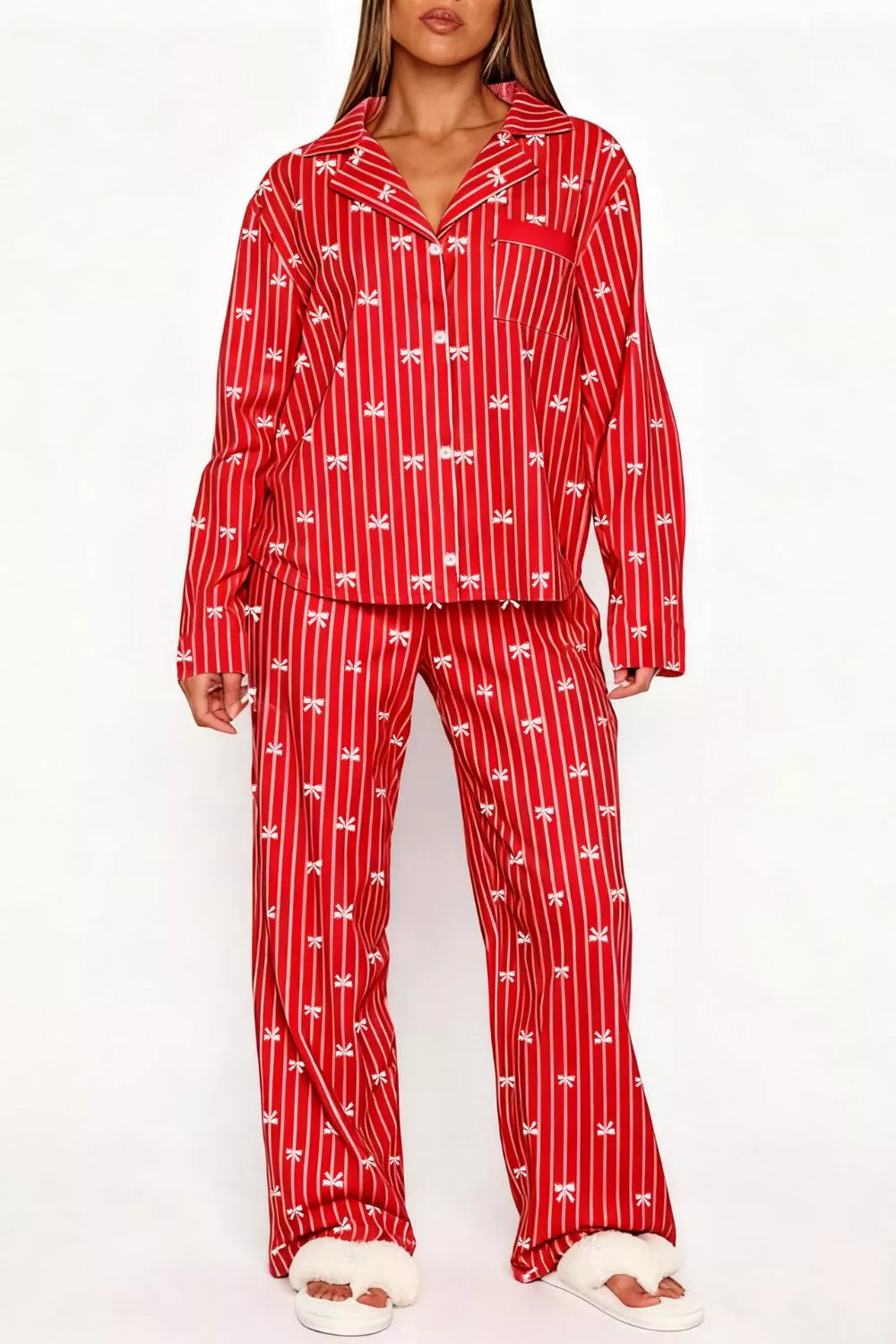 Sarah Express Women's Bow Print Lounge Set - Button-Up Top and Wide Leg Pants Scarlet