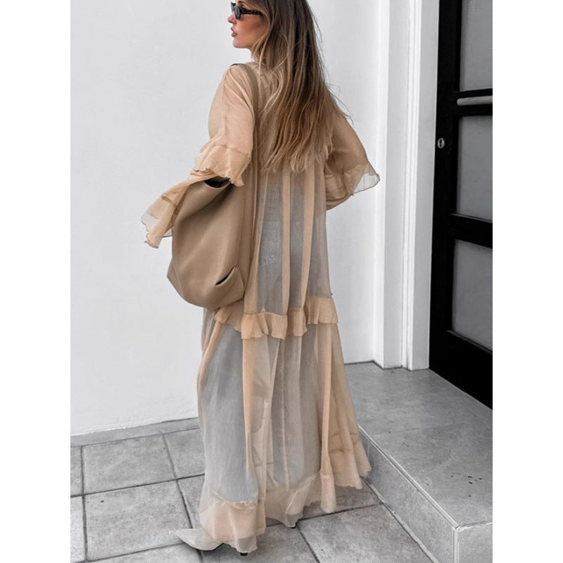 Women's Khaki Ruffled Long Sleeve Dress