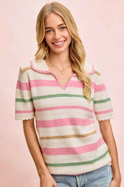 Sarah Express Women's Multi Color Striped Collared Knit Top - Ribbed Preppy Sweater CREAM PINK