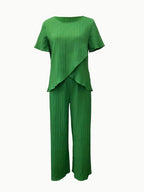 Sarah Express Solid Color 2 Piece Set Crew Neck Short Sleeve Top Long Pants Polyester