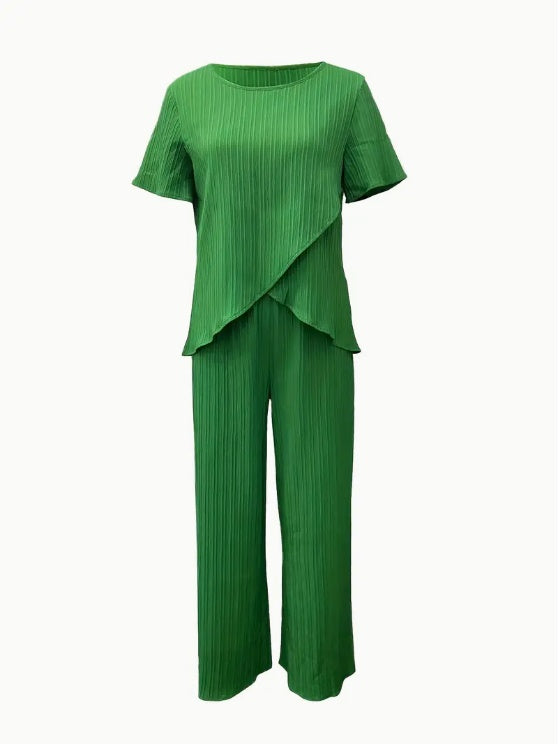 Sarah Express Solid Color 2 Piece Set Crew Neck Short Sleeve Top Long Pants Polyester