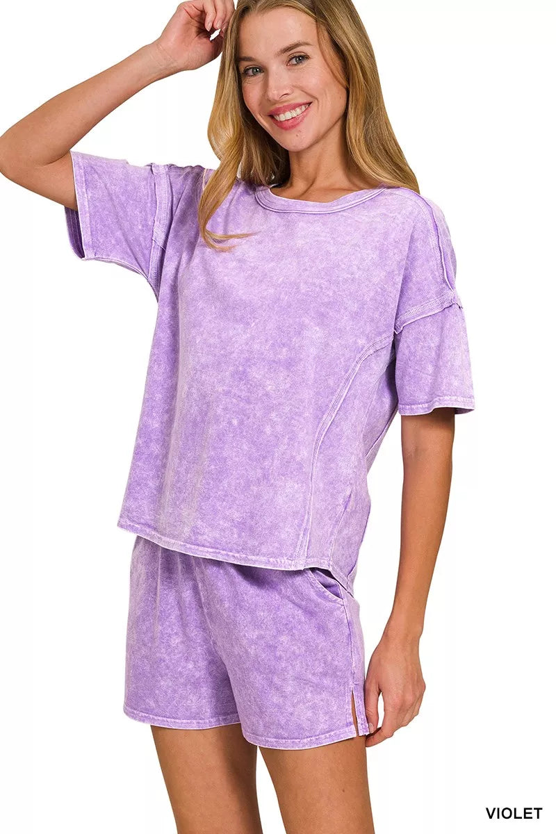 Sarah Express Women's Snow Washed Tee and Shorts Set - Relaxed Fit Lounge Wear
