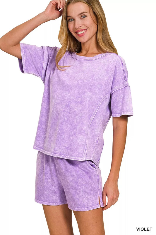 Sarah Express Women's Snow Washed Tee and Shorts Set - Relaxed Fit Lounge Wear