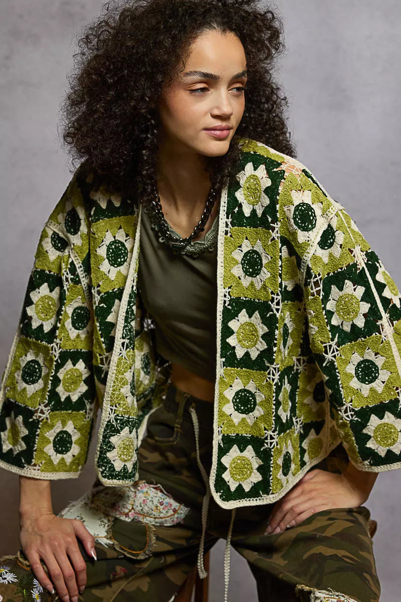 Sarah Express Women's Open Front Cardigan with Varied Patterns OLIVE MULTI One Size