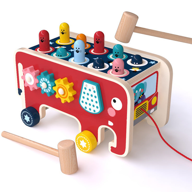 Montessori Wooden Pounding Bench Toy - Educational Animal Bus Percussion Set for Toddlers