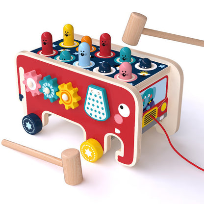 Montessori Wooden Pounding Bench Toy - Educational Animal Bus Percussion Set for Toddlers
