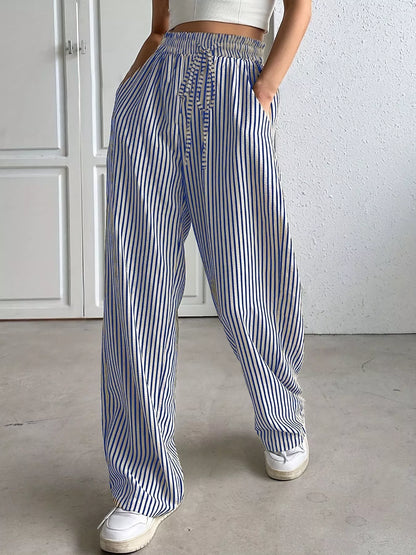 Sarah Express Women's Striped High-Waisted Wide Leg Pants Blue