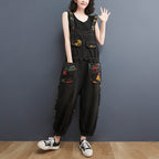 Sarah Express Floral Print Denim Overalls Plus Size Suspender Jeans Cropped