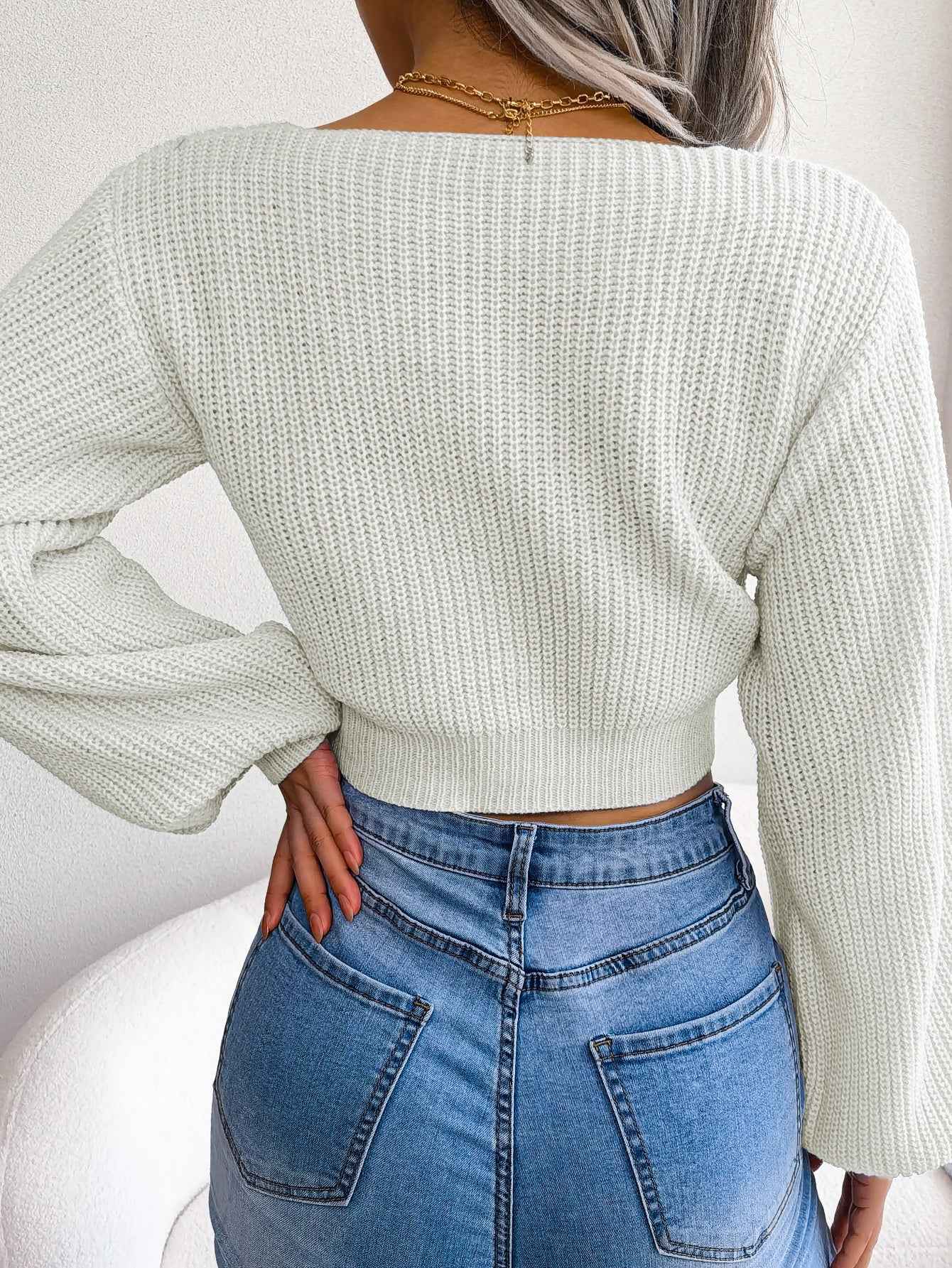 Sarah Express Women's Bow V-Neck Cropped Sweater - Lantern Sleeve Knit Top