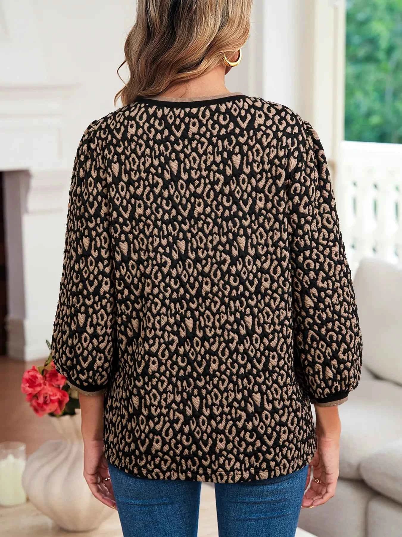 Sarah Express Women's Leopard Print Puffy Sleeve Top - Round Neck Contrast Trim Blouse