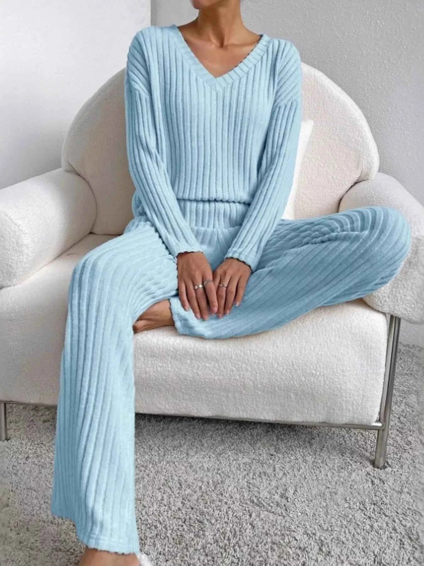 Sarah Express Women's Ribbed Knit V-Neck Top and Pants Set - Two Piece Lounge Set