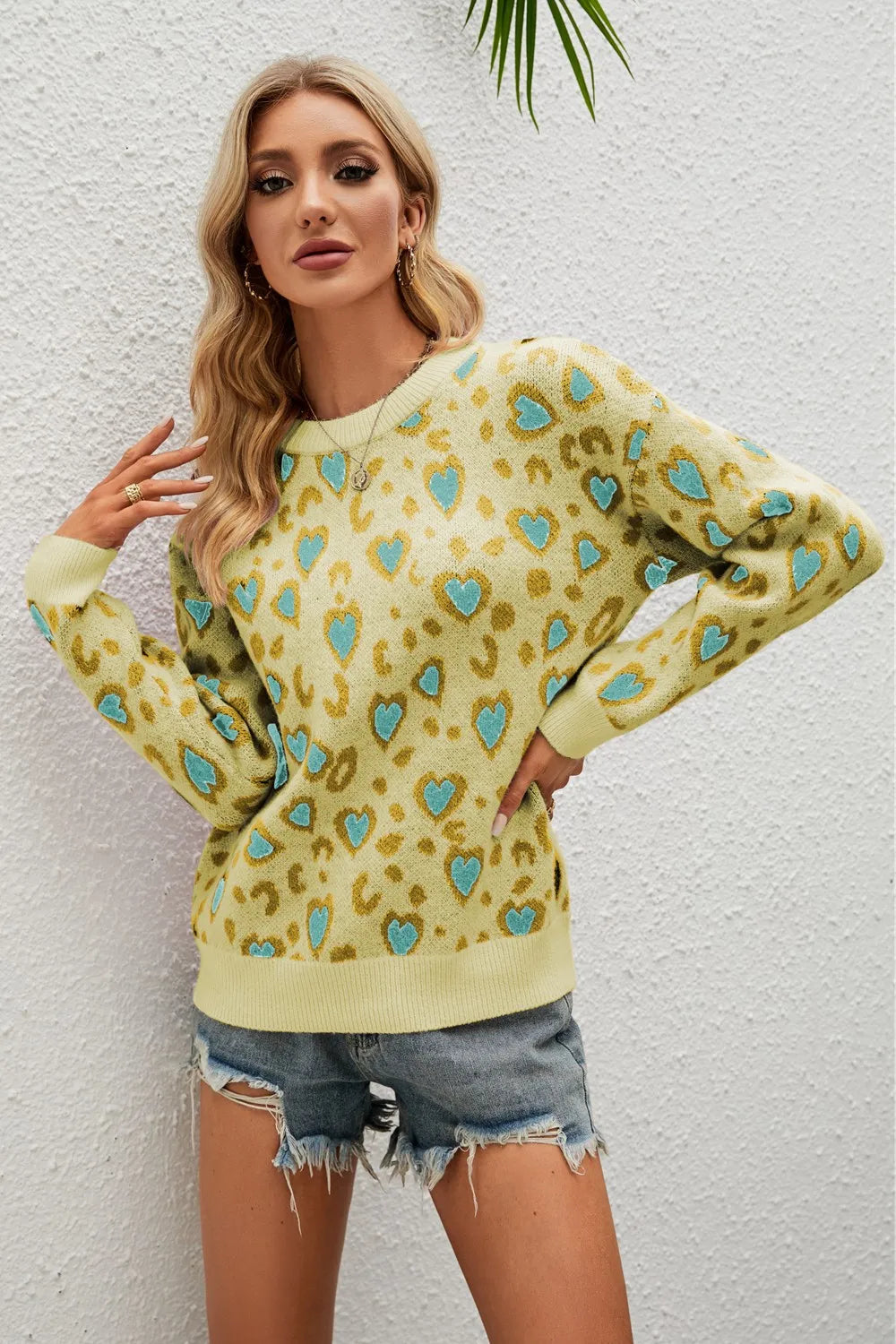 Sarah Express Women's Heart Round Neck Dropped Shoulder Sweater Light Yellow