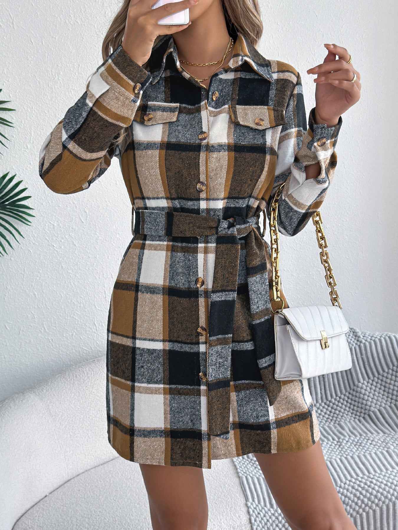 Sarah Express Women's Color-Blocked Plaid Tweed Shirt Dress with Tie Waist Khaki