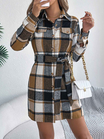 Sarah Express Women's Color-Blocked Plaid Tweed Shirt Dress with Tie Waist Khaki