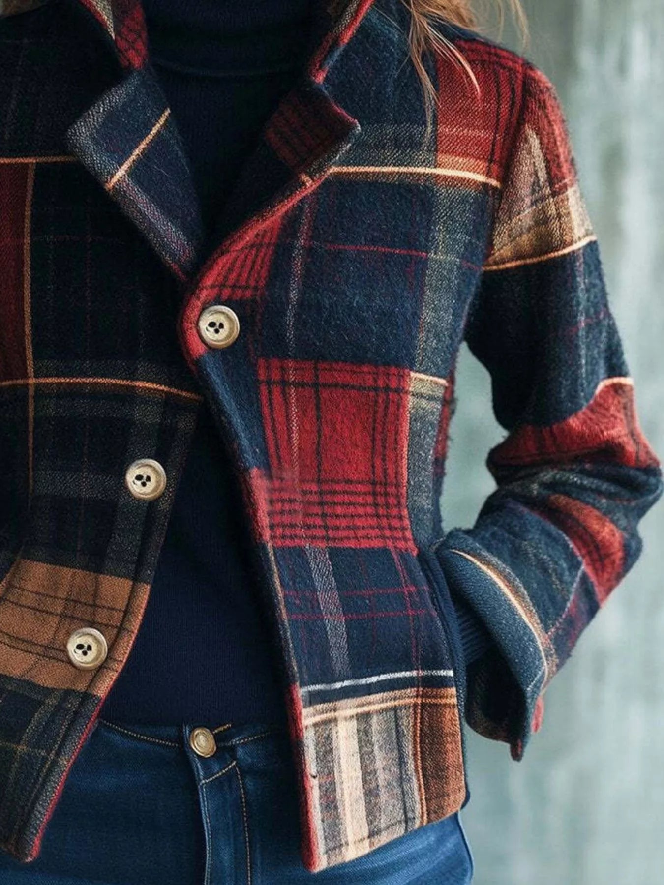 Sarah Express Women's Plaid Button Up Blazer Jacket