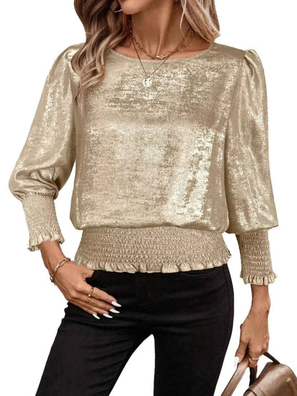 Sarah Express Women's Smocked Round Neck Long Sleeve Blouse