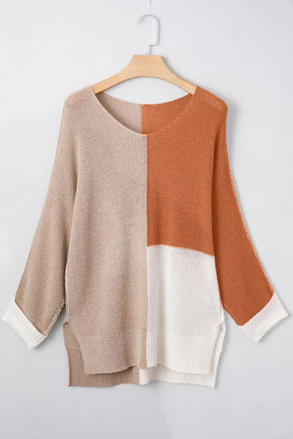 Sarah Express Women's Color Block Knit V Neck Loose Sweater - Ribbed Oversized Pullover