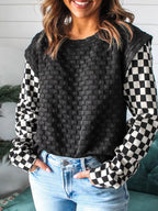 Sarah Express Women's Textured Contrast Checkered Patchwork Long Sleeve Top