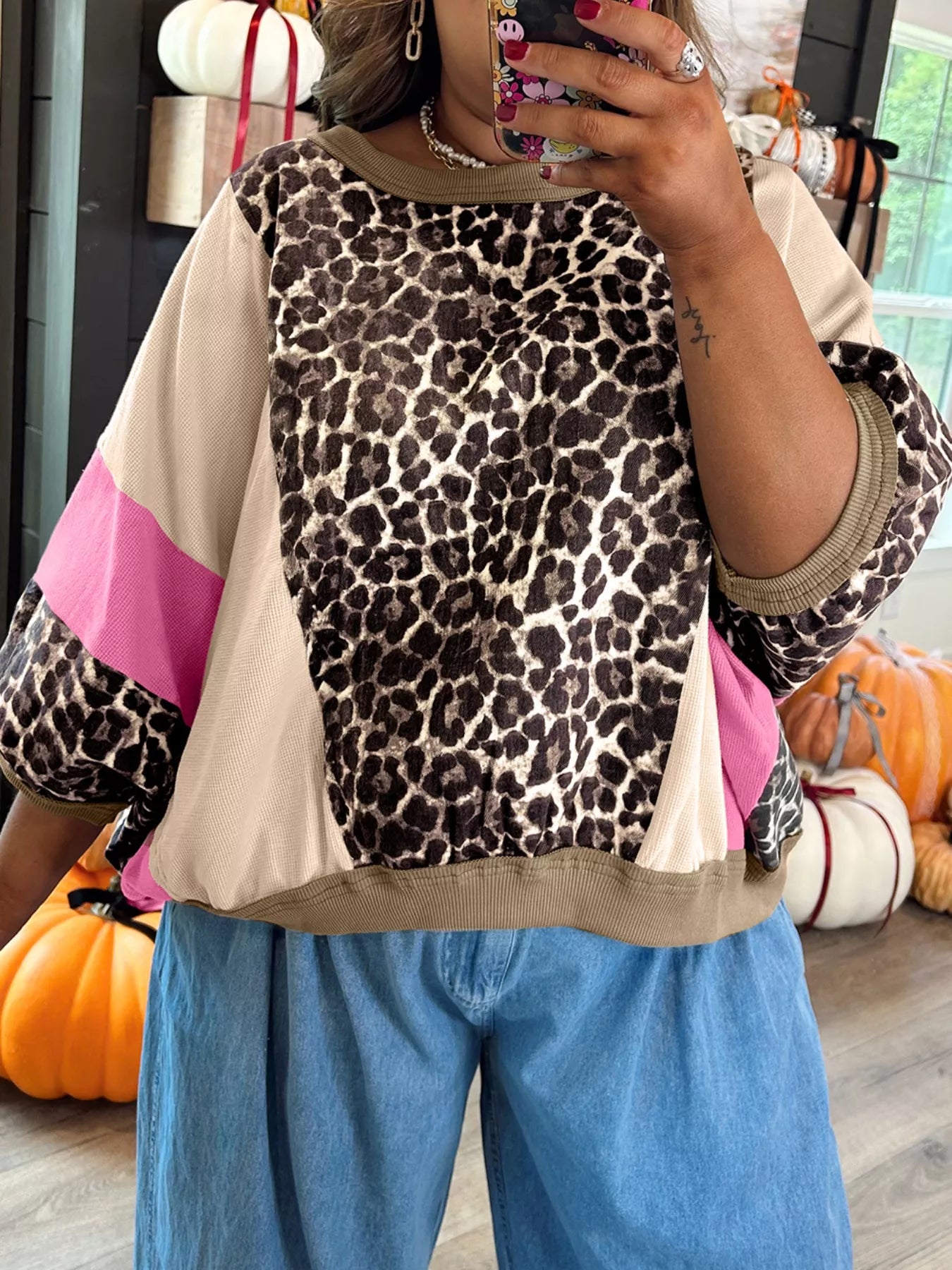 Sarah Express Women's Leopard Print Color Block Round Neck Top Multicolor