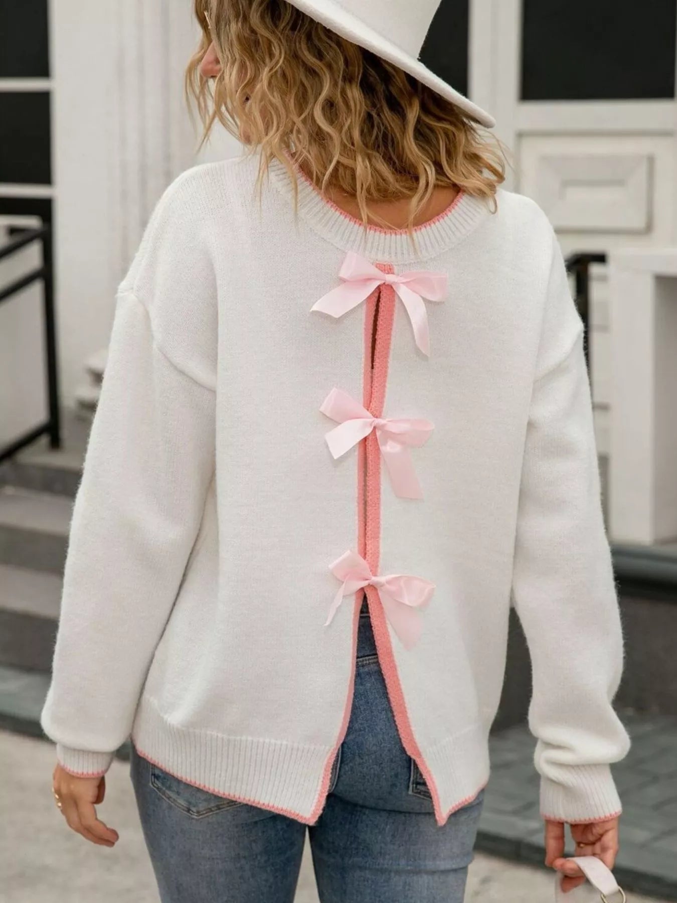 Sarah Express Women's Bow-Back Round Neck Sweater - Elegant Knit Pullover White