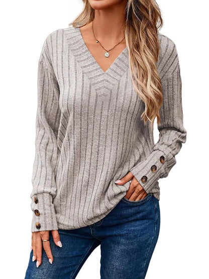 Sarah Express Women's Ribbed Knit V-Neck Top with Decorative Buttons Light Gray