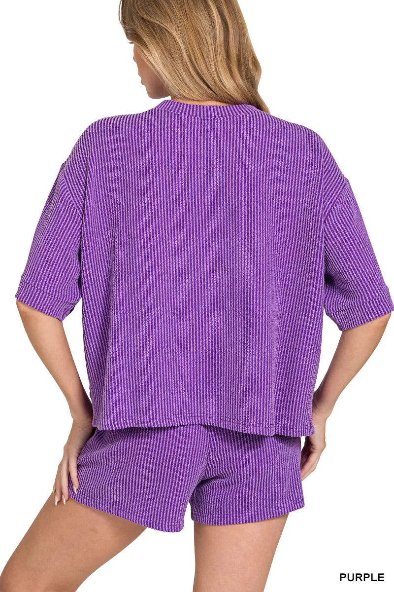 Sarah Express Women's Raised Rib Short Sleeve Tee and Drawstring Shorts Set