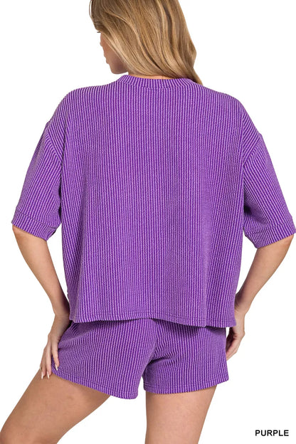 Sarah Express Women's Raised Rib Short Sleeve Tee and Drawstring Shorts Set