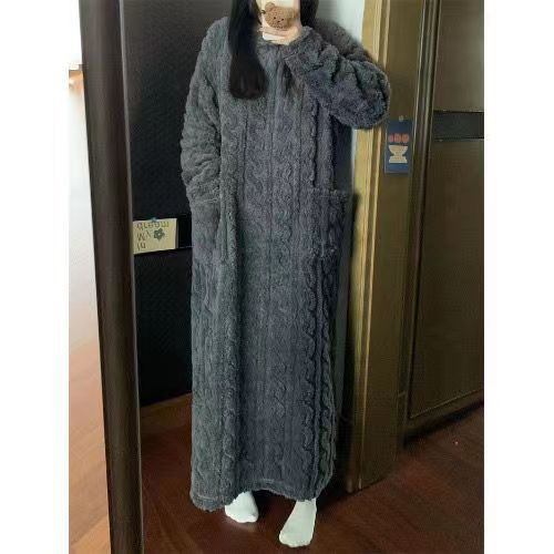 Sarah Express Women's Coral Fleece Nightgown - Long Sleeve Winter Sleep Dress with Pockets - Warm Loungewear