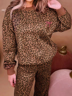 Sarah Express Women's Leopard Print Contrast Trim Long Sleeve Top and Pants Set