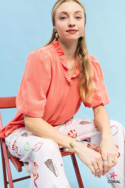 Sarah Express Women's Linen Scallop Trim V-Neck Blouse