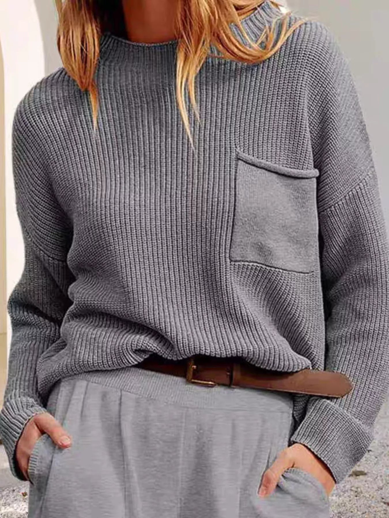 Sarah Express Women's Pocket Detail Dropped Shoulder Sweater Gray One Size