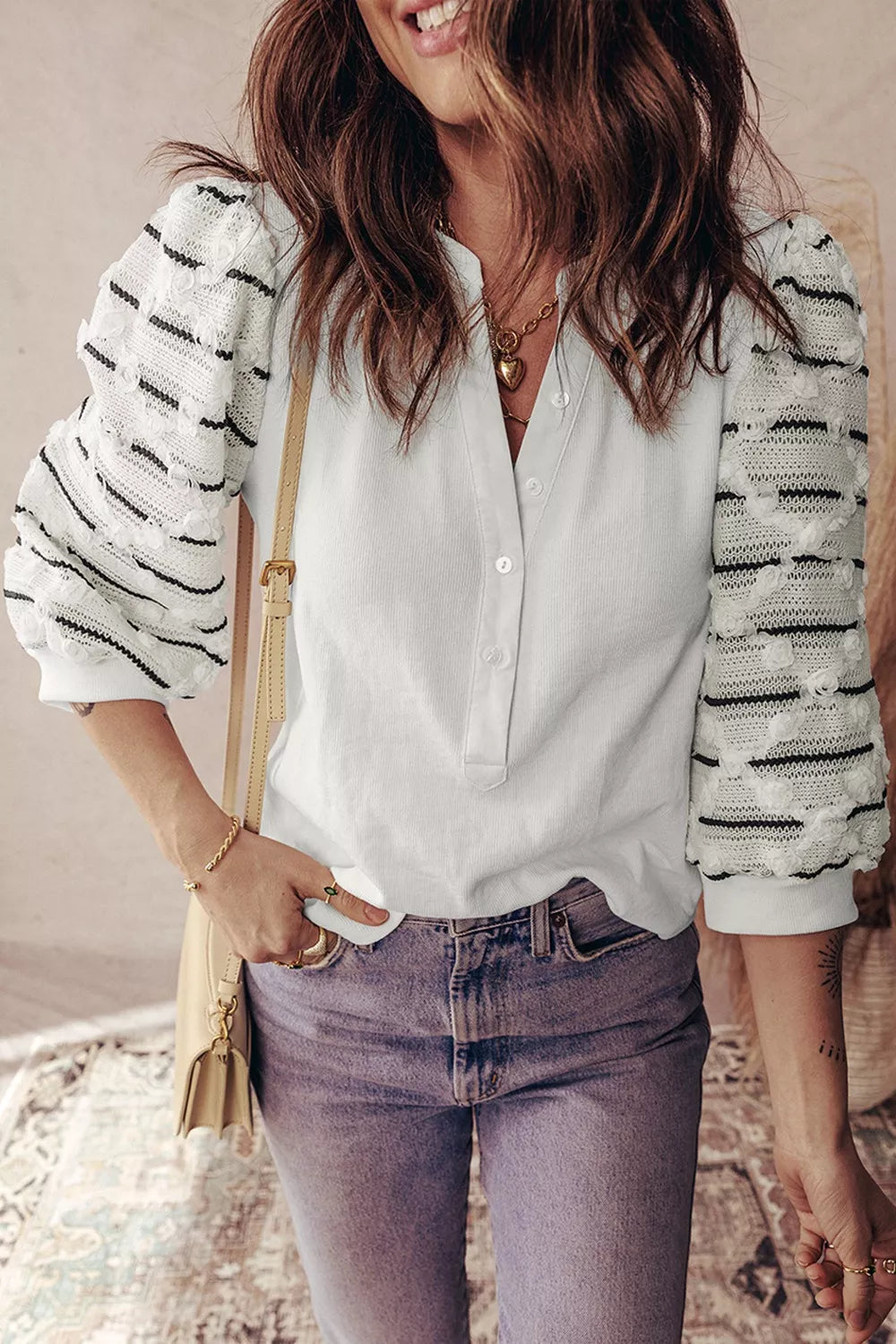 Sarah Express Women's Button Placket Striped Sleeve Patchwork Rib Knit Top White