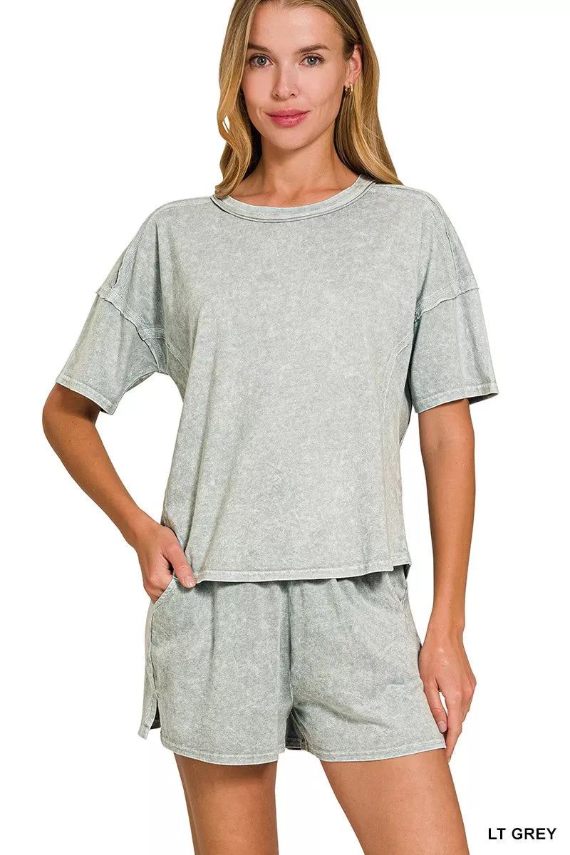 Sarah Express Women's Snow Washed Short Sleeve Tee and Shorts Lounge Set LT GREY