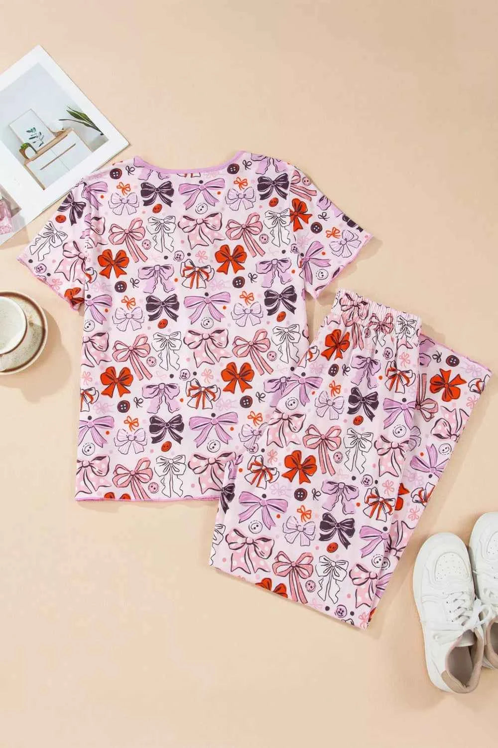 Sarah Express Women's Bow Print Short Sleeve Pajama Set - Button Front Shirt & Pants Sleepwear