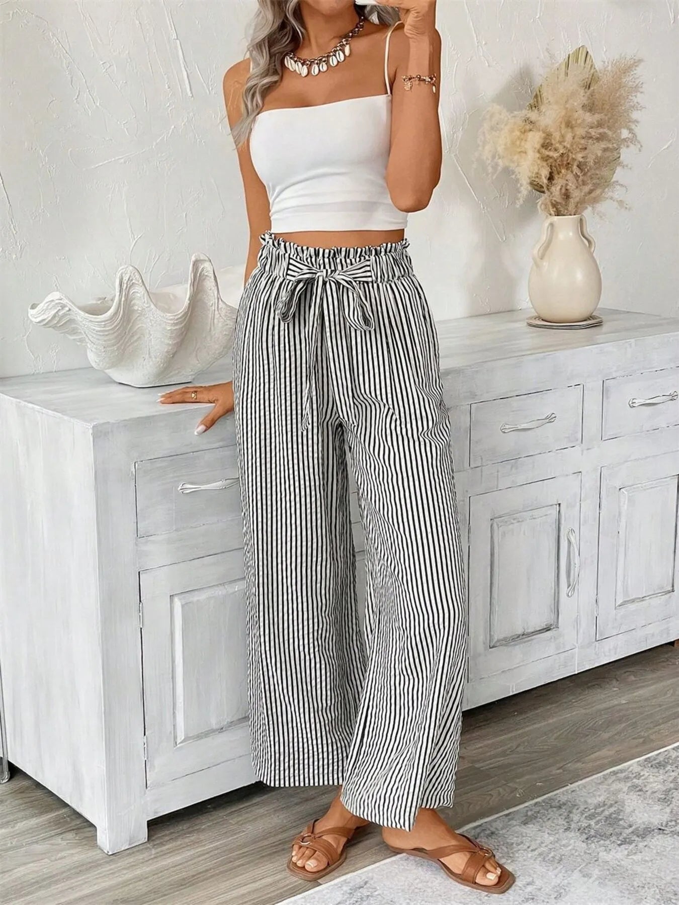 Sarah Express Women's Striped Wide Leg Paper Bag Pants Plus Size