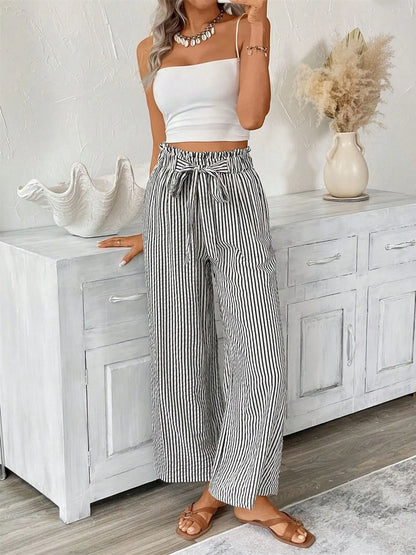 Sarah Express Women's Striped Wide Leg Paper Bag Pants Plus Size