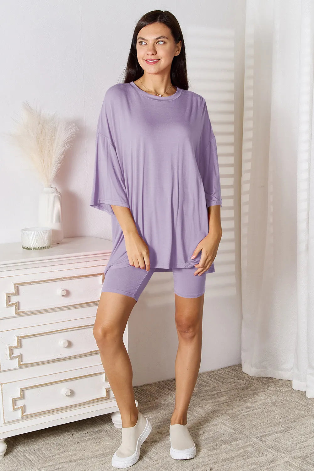 Sarah Express Women's Soft Rayon Three-Quarter Sleeve Top and Shorts Set Lavender