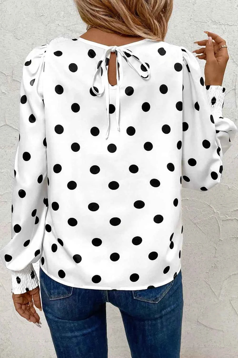 Sarah Express Women's Polka Dot Blouse - Long Sleeve Frilled Round Neck Top