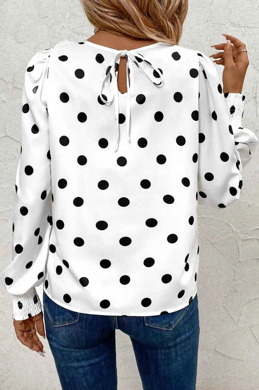 Sarah Express Women's Polka Dot Blouse - Long Sleeve Frilled Round Neck Top