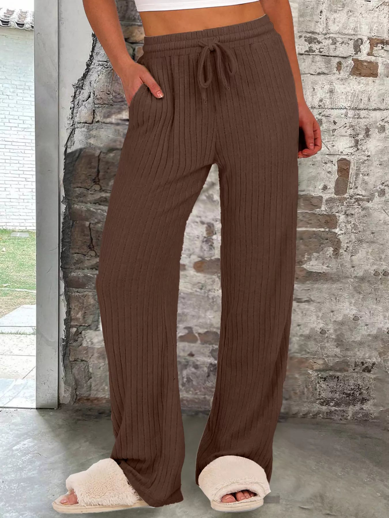 Sarah Express Women's Ribbed Knit Joggers with Pockets - Drawstring Waist Lounge Pants