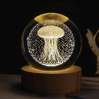 Sarah Express 3D Crystal Ball Night Light - Luminous Planetary Moon Galaxy Projection Lamp with Wooden Base Solid Wood Lamp Holder Jellyfish 6CM