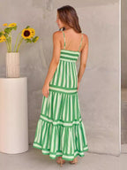 Striped Square Neck Maxi Dress Backless Suspender with Pockets